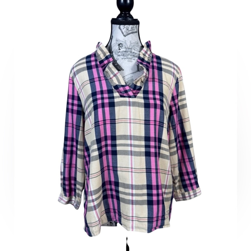 Crown & Ivy Cotton Pink &Cream Plaid Shirt W Ruffled Neckline Size M